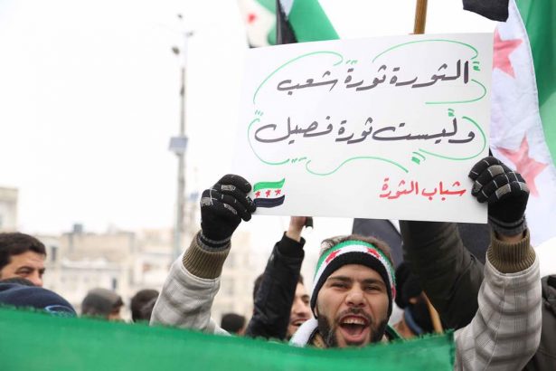 Protester carries sign in Idlib for people's revolution.
